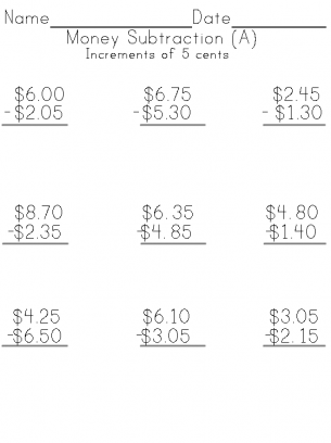 Money Subtraction Increments of 5 Cents Sheet