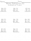 Money Subtraction Increments of 5 Cents Sheet