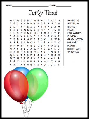 Party Time Word Search Puzzle